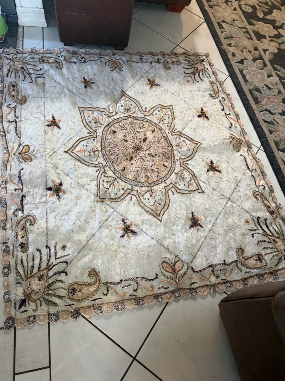 Ivory Embroidered Medallion table top cover 51x57 inches - Picture 3 of 4